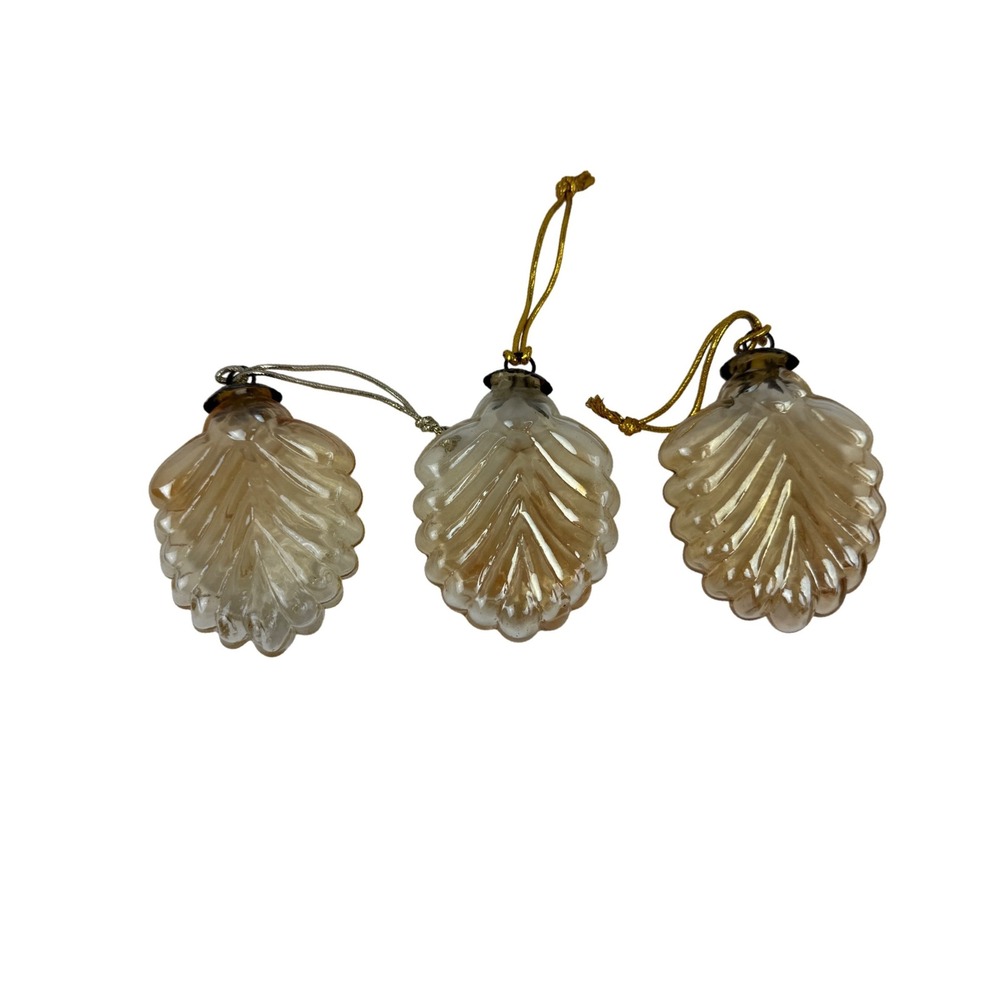 Vintage Kugel Amber Mercury Glass Leaf Ornaments Set of 3 Ribbed Shell Design